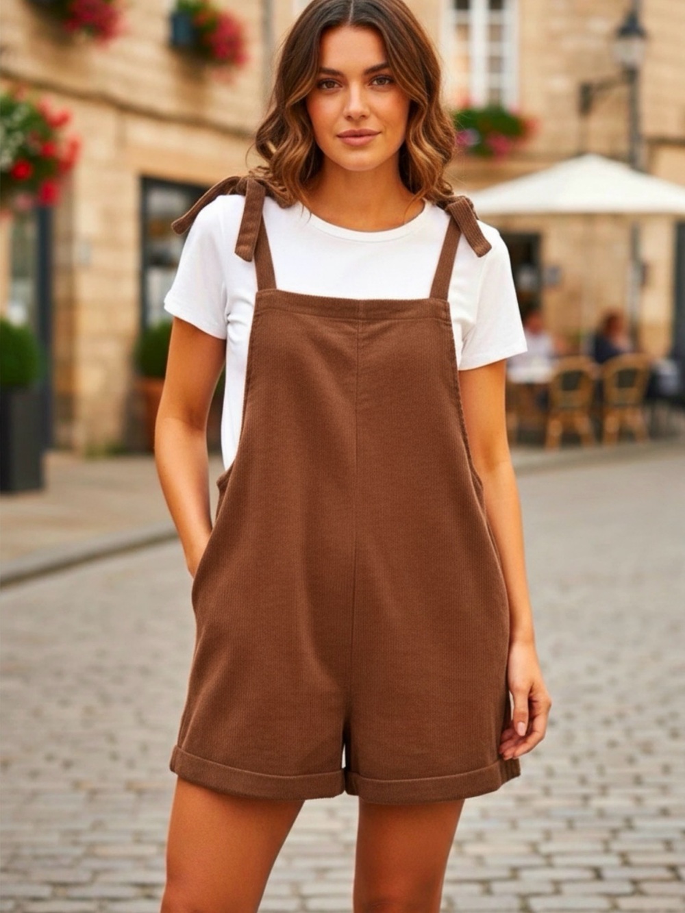 Cupshe Brown Tie-Shoulder Short Denim Overalls